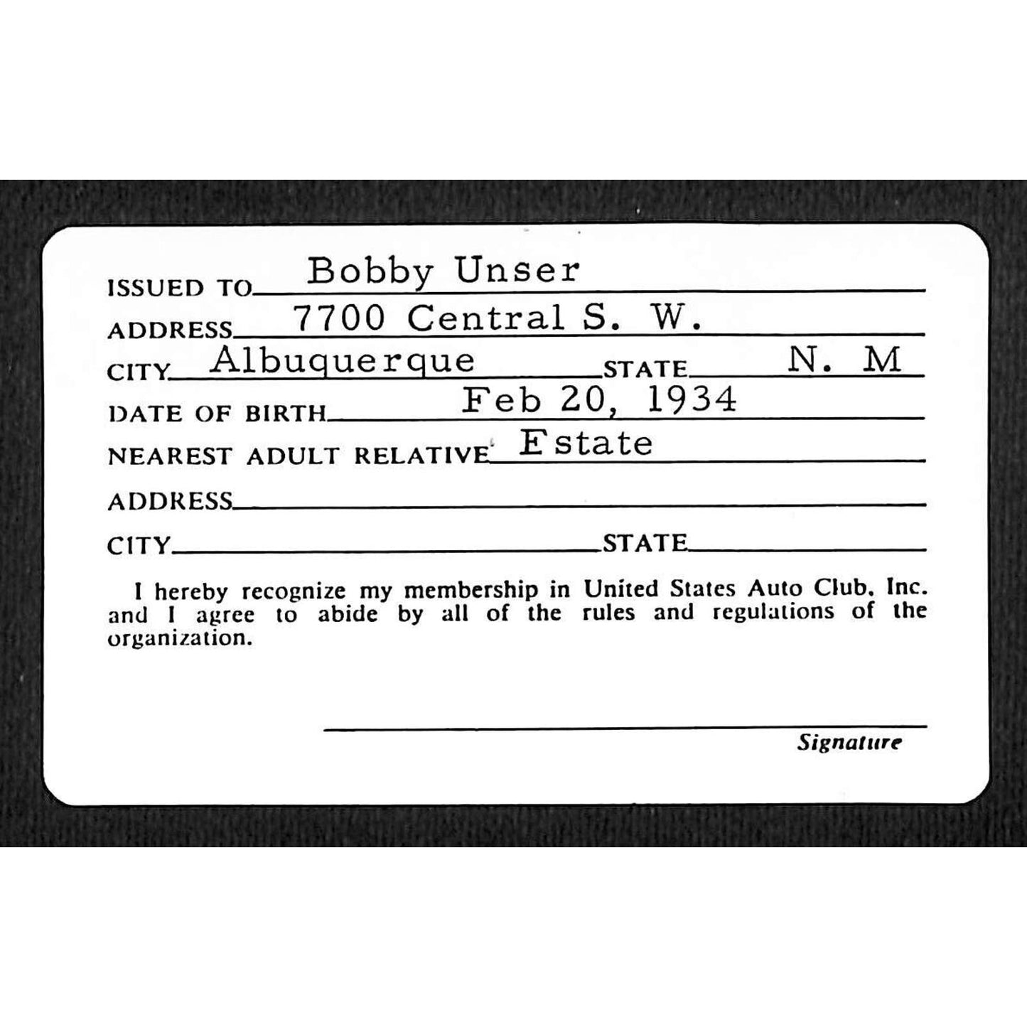 Bobby Unser's 1971 USAC Stock Car Driver Member Card VGC - Unser's Estate