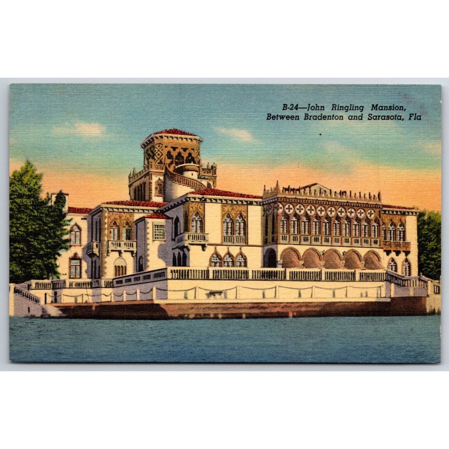 John Ringling Mansion Circus Sarasota Bradenton Linen Postcard c1935-50 NP VGC