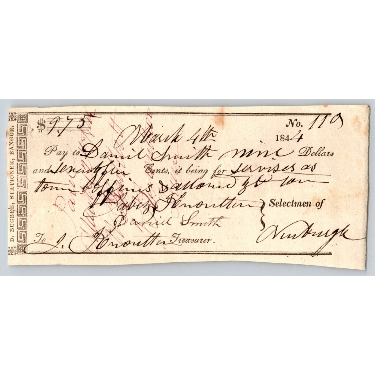 1844 Jabez Knowlton* Newburgh ME Town Check to David Smith