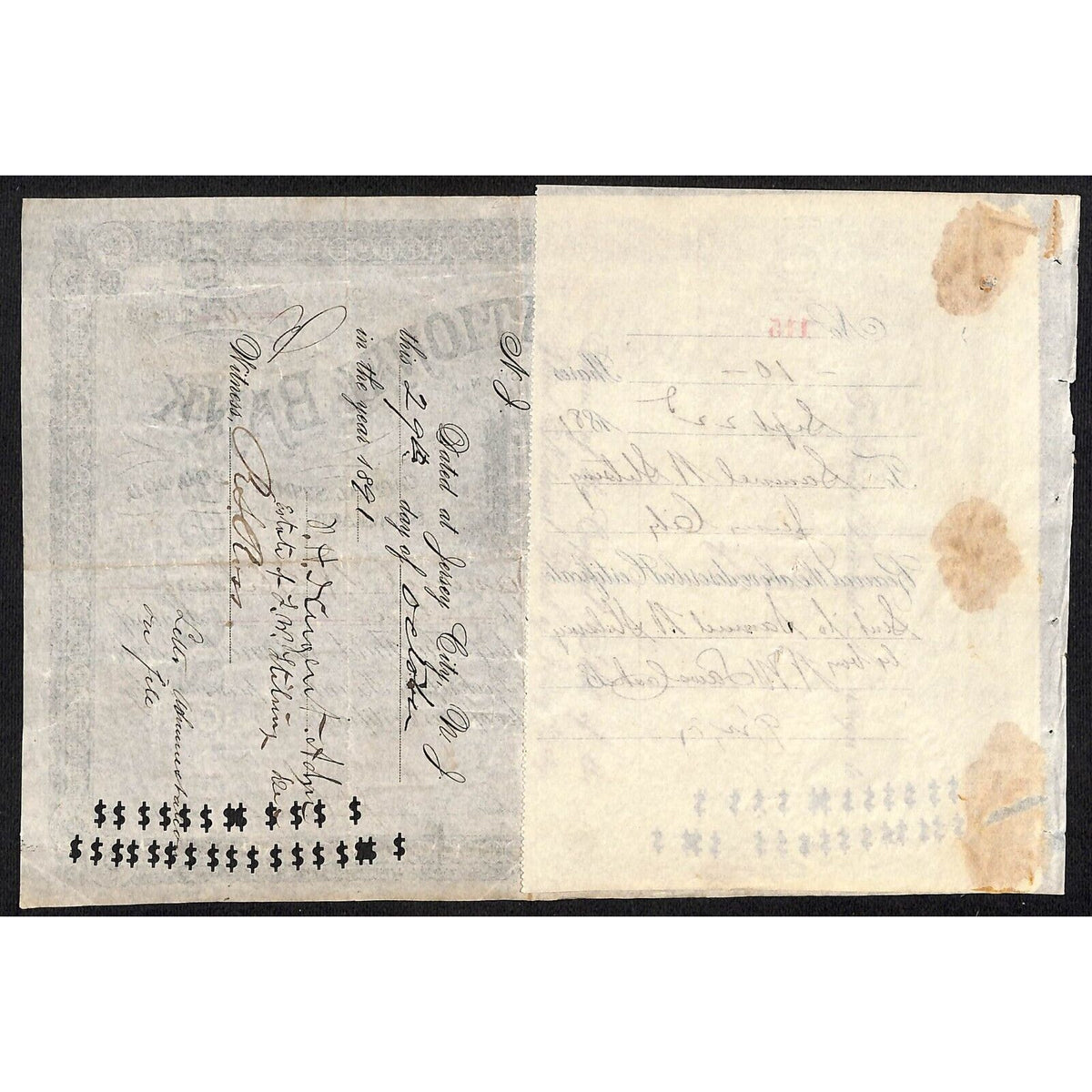 Third National Bank Jersey City, NJ 1887 Stock Certificate Samuel W. Stilsing