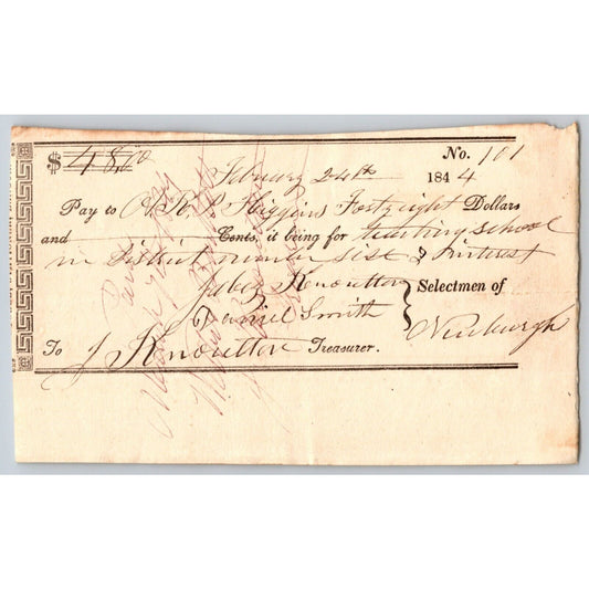 1844 Jabez Knowlton* Newburgh ME Town Check to A.K.P. Higgins, Teaching School