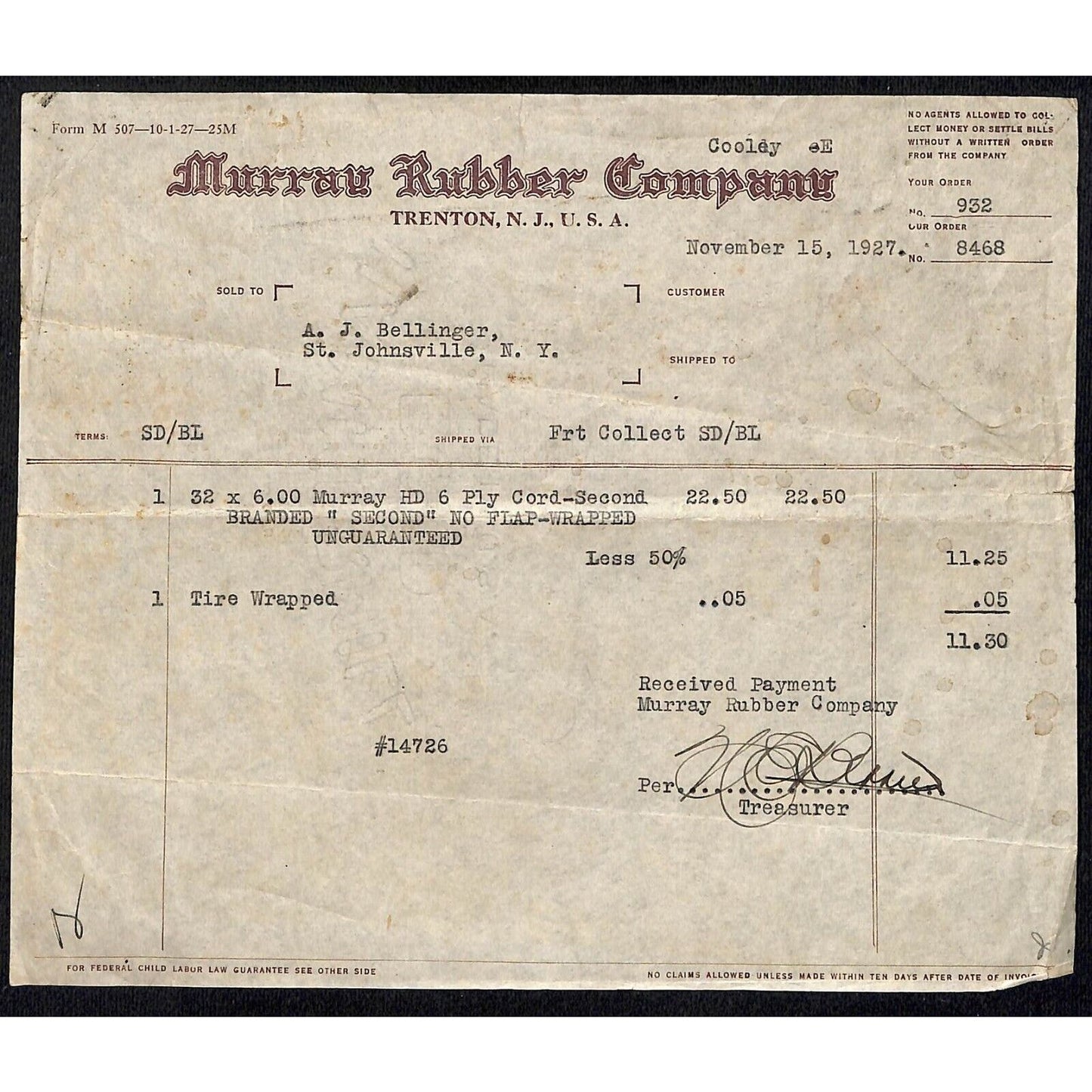 Murray Rubber Co. Trenton, NJ 1927 Billhead