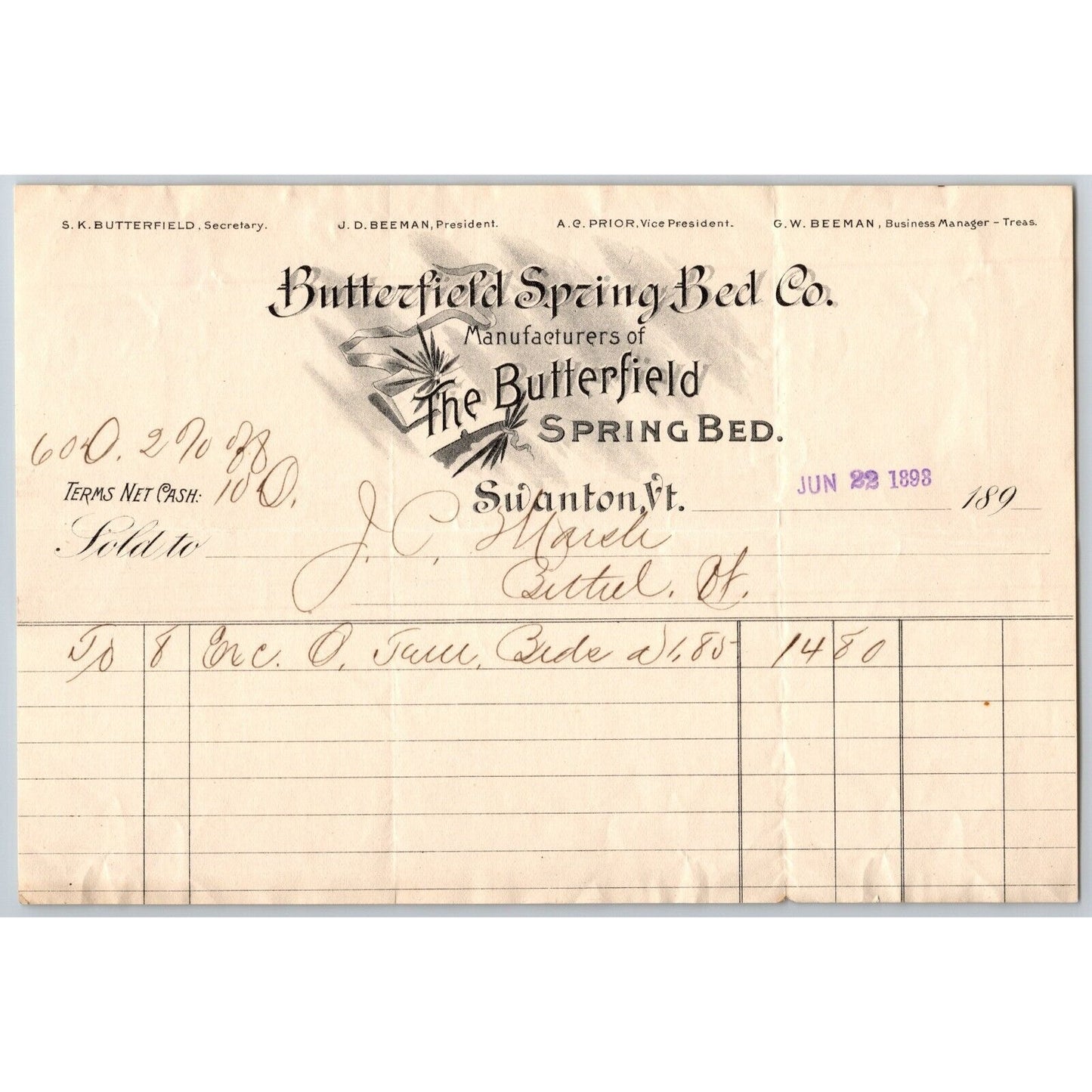 Butterfield Spring Bed Co. Swanton, VT 1893 Billhead Scarce