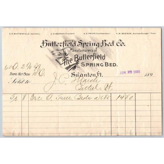 Butterfield Spring Bed Co. Swanton, VT 1893 Billhead Scarce