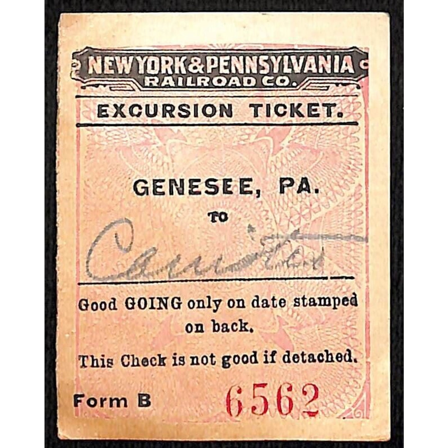 New York & Pennsylvania Railroad 1917 Genesee, PA Excursion Ticket Stub #6562