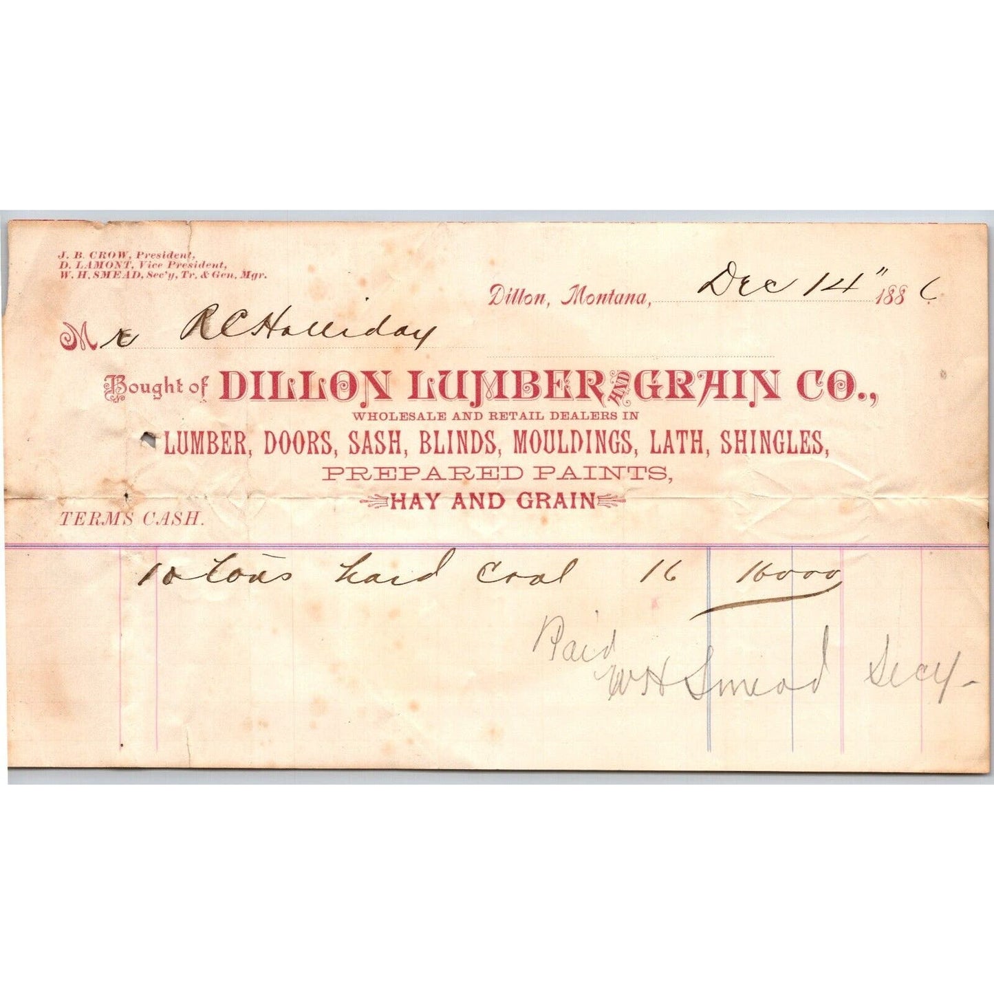 Dillon, MT Dillon Lumber & Grain Co. Cedar Shingles 1886 Billhead R.C