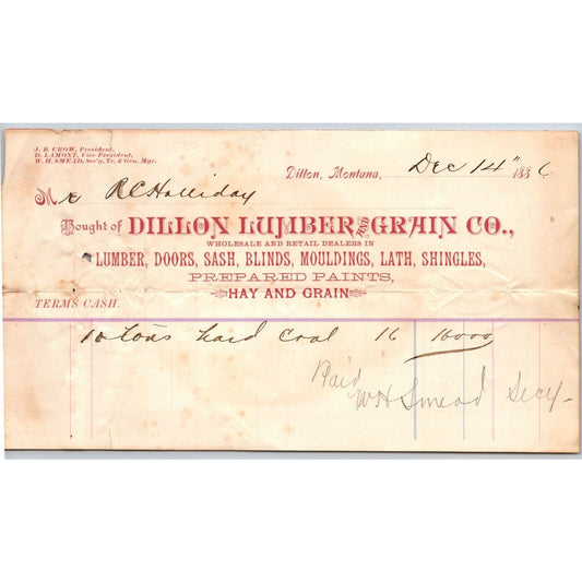 Dillon, MT Dillon Lumber & Grain Co. Cedar Shingles 1886 Billhead R.C. Halliday*