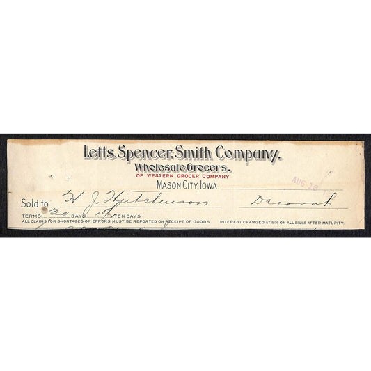 Letts, Spencer, Smith Co. Grocer Mason City, IA / Hutchinson* 1901 Cut Billhead