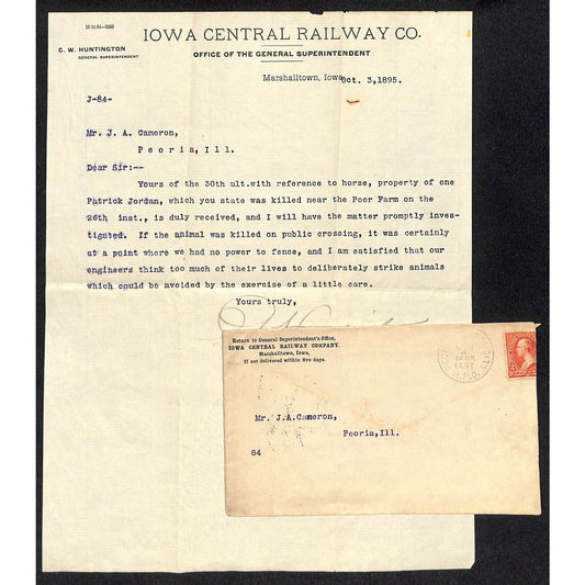 Iowa Central Railway Co. 1895 Letterhead re: "Horse was Killed" & Cover