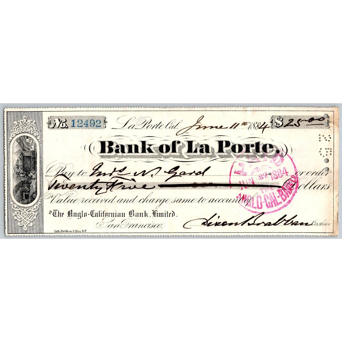 Bank of La Porte Check Mrs. N. Gard 1884 Mining Vignette #12492