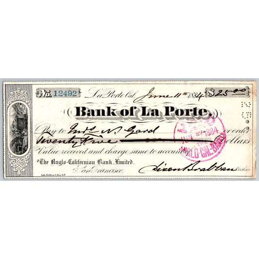Bank of La Porte Check Mrs. N. Gard 1884 Mining Vignette #12492