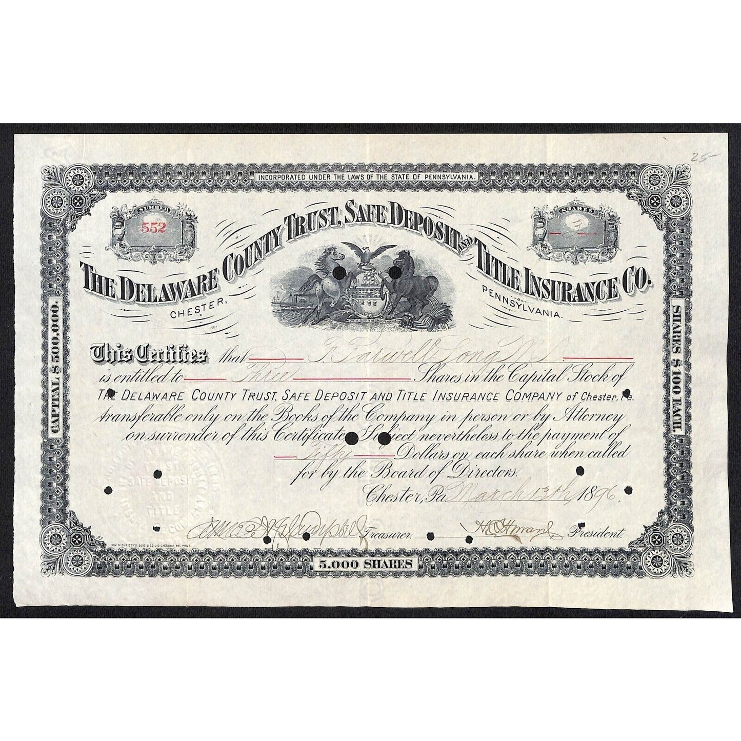 Delaware County Trust, Safe Deposit and Title Insurance 1896 Stock Certificate