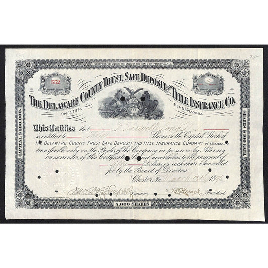 Delaware County Trust, Safe Deposit and Title Insurance 1896 Stock Certificate