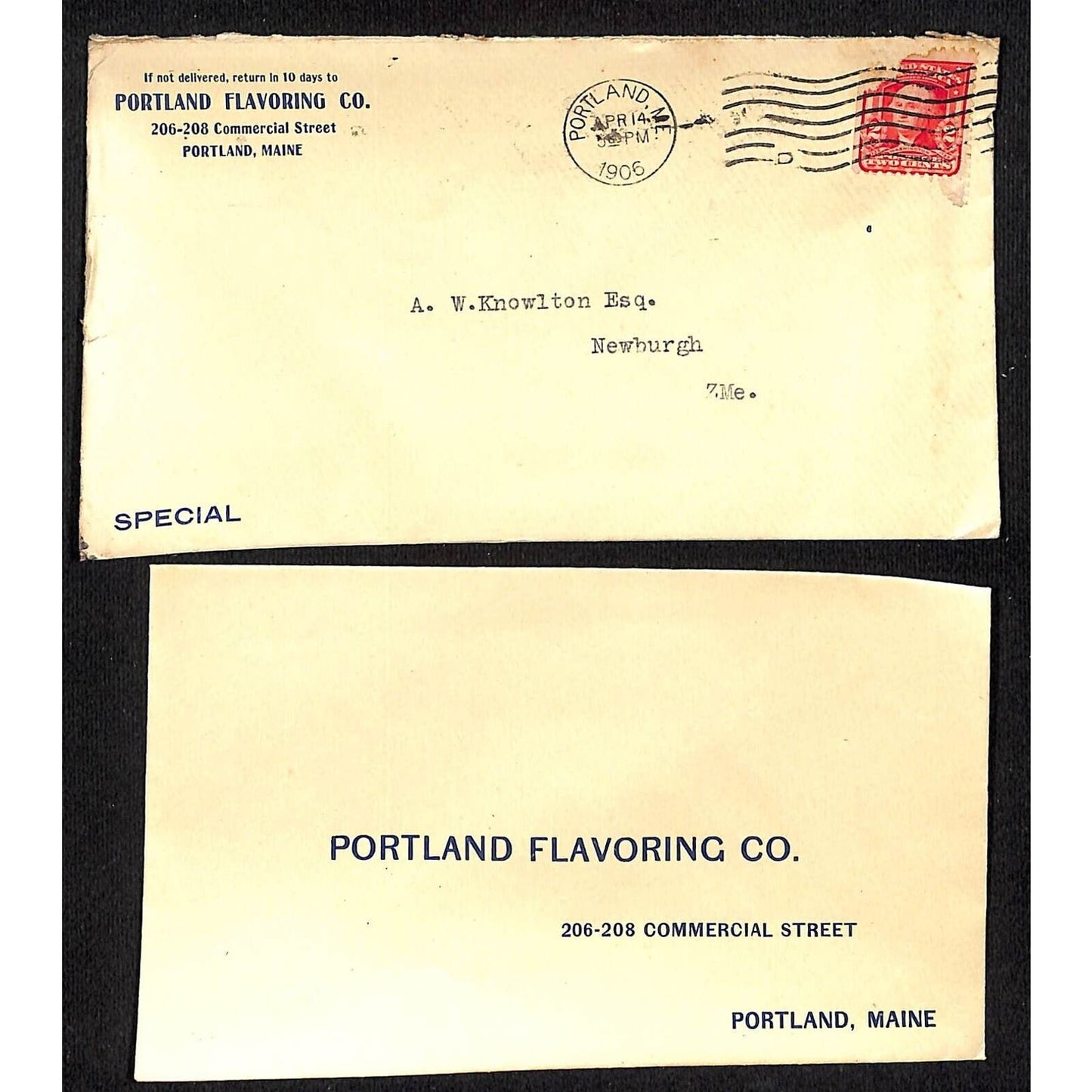 Portland, ME Portland Flavoring Co. Cover & Return Envelope Over 1906