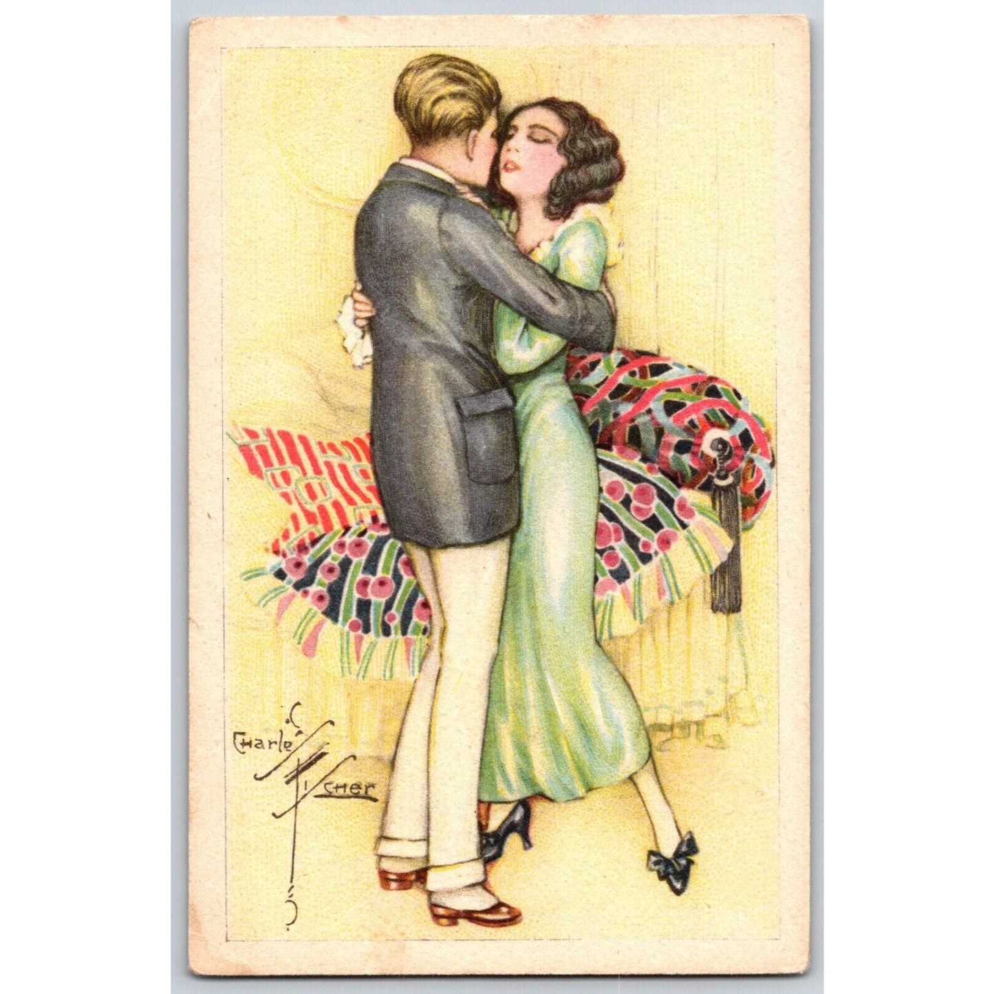 Art Nouveau Postcard Romantic Couple Kissing Signed Charles Fisher (#2)