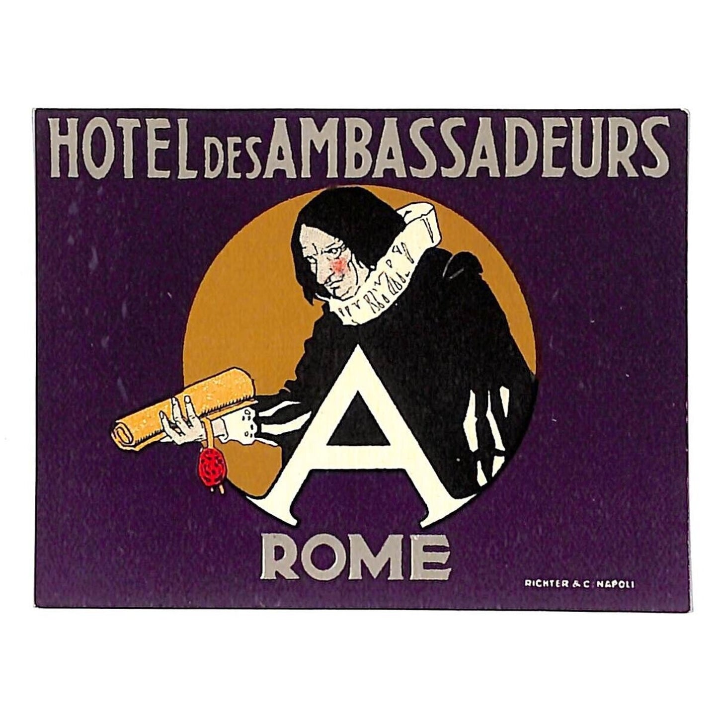 Hotel des Ambassadeurs Rome Luggage Label Vintage Original 2 1/2" x 3 1/2"