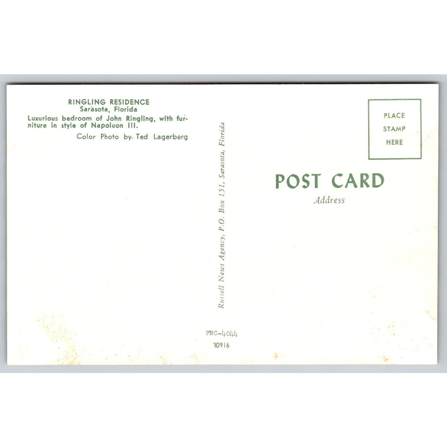 John Ringling Residence Napoleon III Style Bedroom Postcard VGC NP c1960's