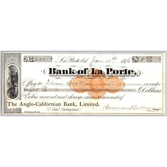 Bank of La Porte Check Dixon Brabban* 1876 Mining Vignette Rev Stamp #233