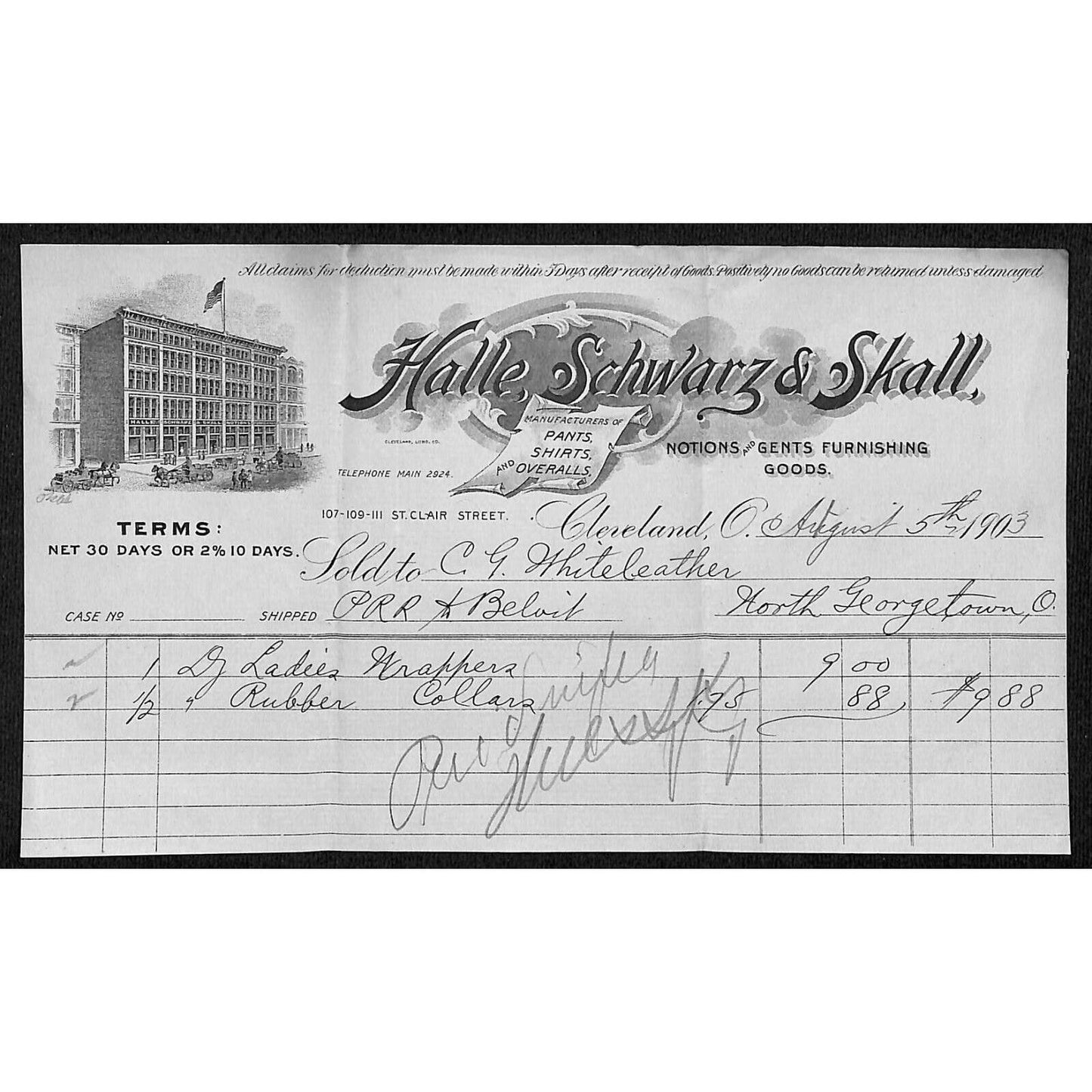 Halle, Schwarz & Skall Cleveland Billhead 1903 Whiteleather* N. Georgetown OH