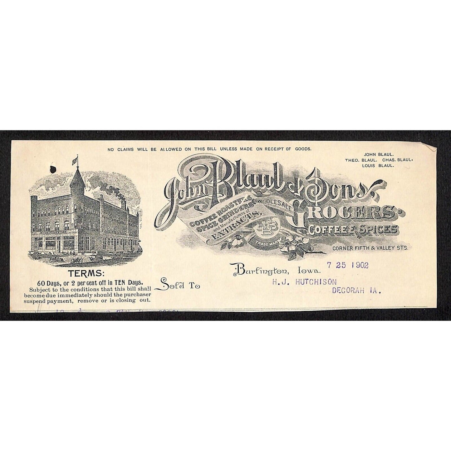 John Blaul Grocers Coffee Burlington IA Hutchinson* 7/25 1902 Cut Billhead