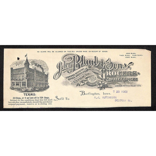 John Blaul Grocers Coffee Burlington IA Hutchinson* 7/25 1902 Cut Billhead