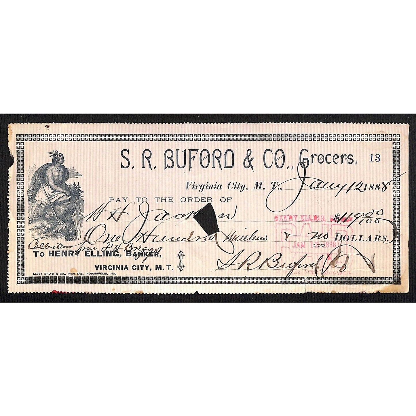 1888 Henry Elling Virginia City Montana Territory S.R. Buford Grocers Check #13