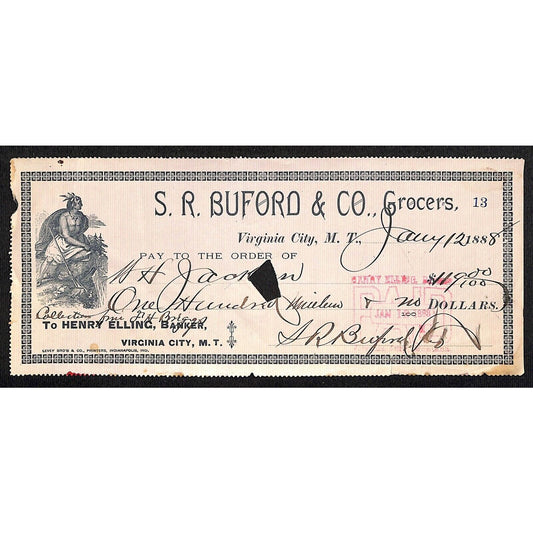 1888 Henry Elling Virginia City Montana Territory S.R. Buford Grocers Check #13