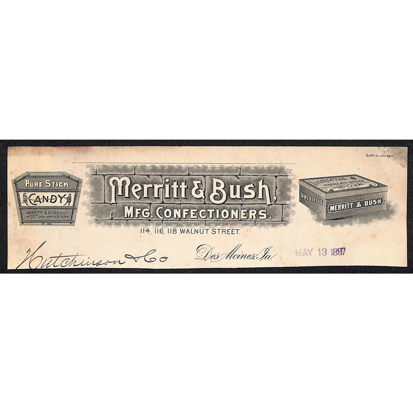 Merritt & Bush Confectioners Des Moines Hutchinson Decorah IA* Cut 1897 Billhead