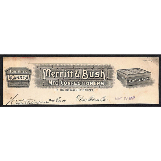 Merritt & Bush Confectioners Des Moines Hutchinson Decorah IA* Cut 1897 Billhead