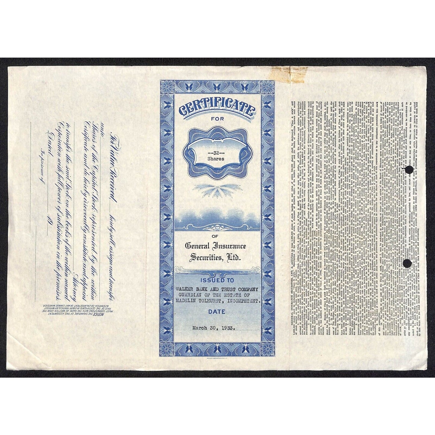 General Insurance Securities Nevada 1933 Stock Certificate Walker Bank Scarce