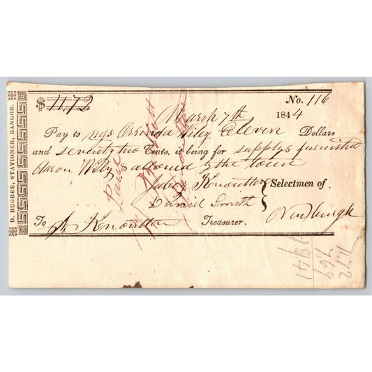 1844 Jabez Knowlton* Newburgh ME Town Check to Allison ? Wiley for "Supplys"