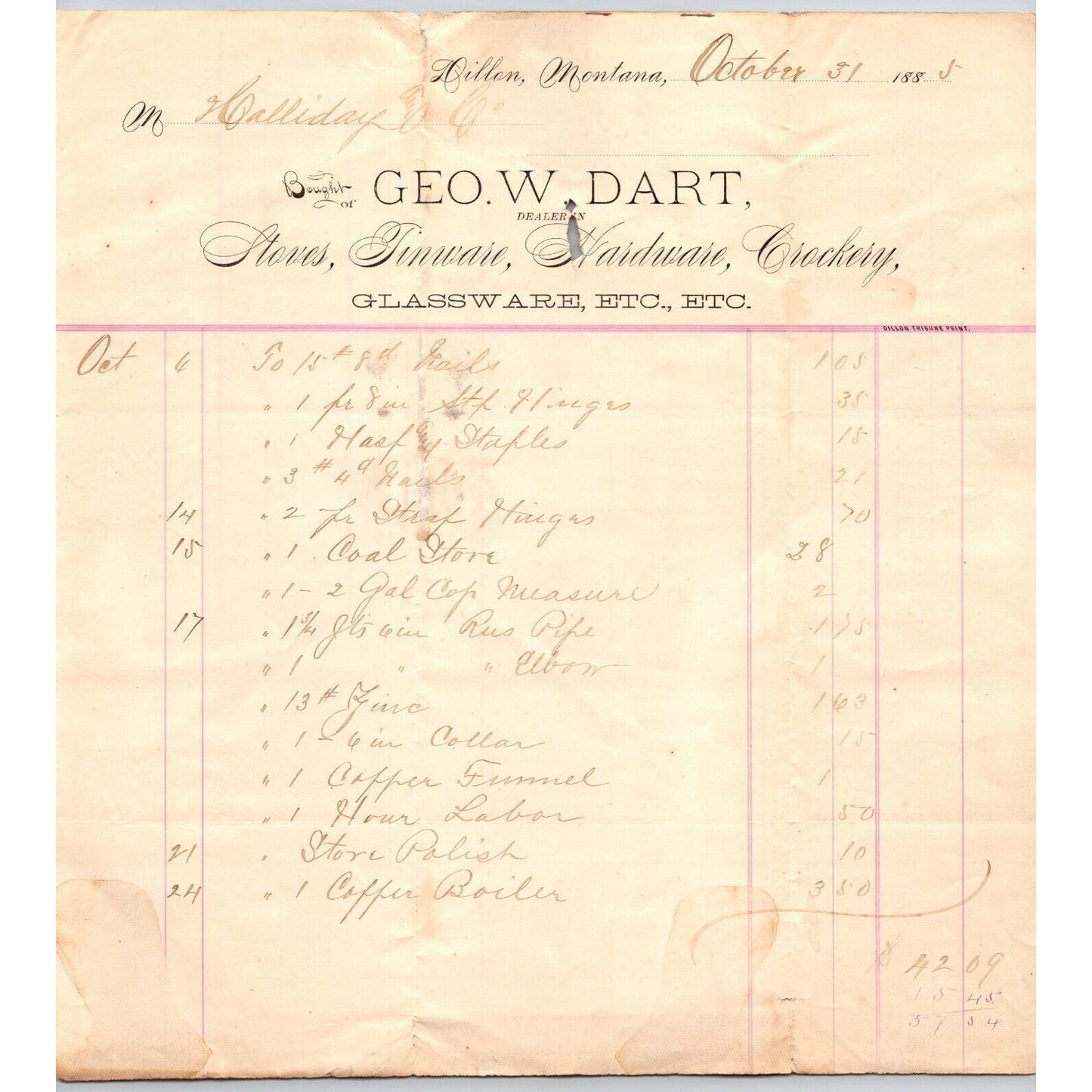 Dillon MT G.W. Dart Hardware Co. 1885 Billhead Crockery Glasswere R.C. Halliday*