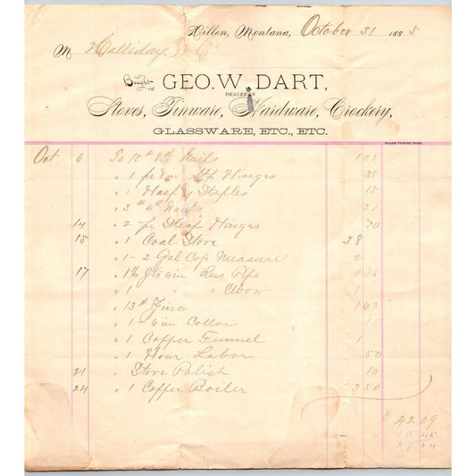 Dillon MT G.W. Dart Hardware Co. 1885 Billhead Crockery Glasswere R.C. Halliday*