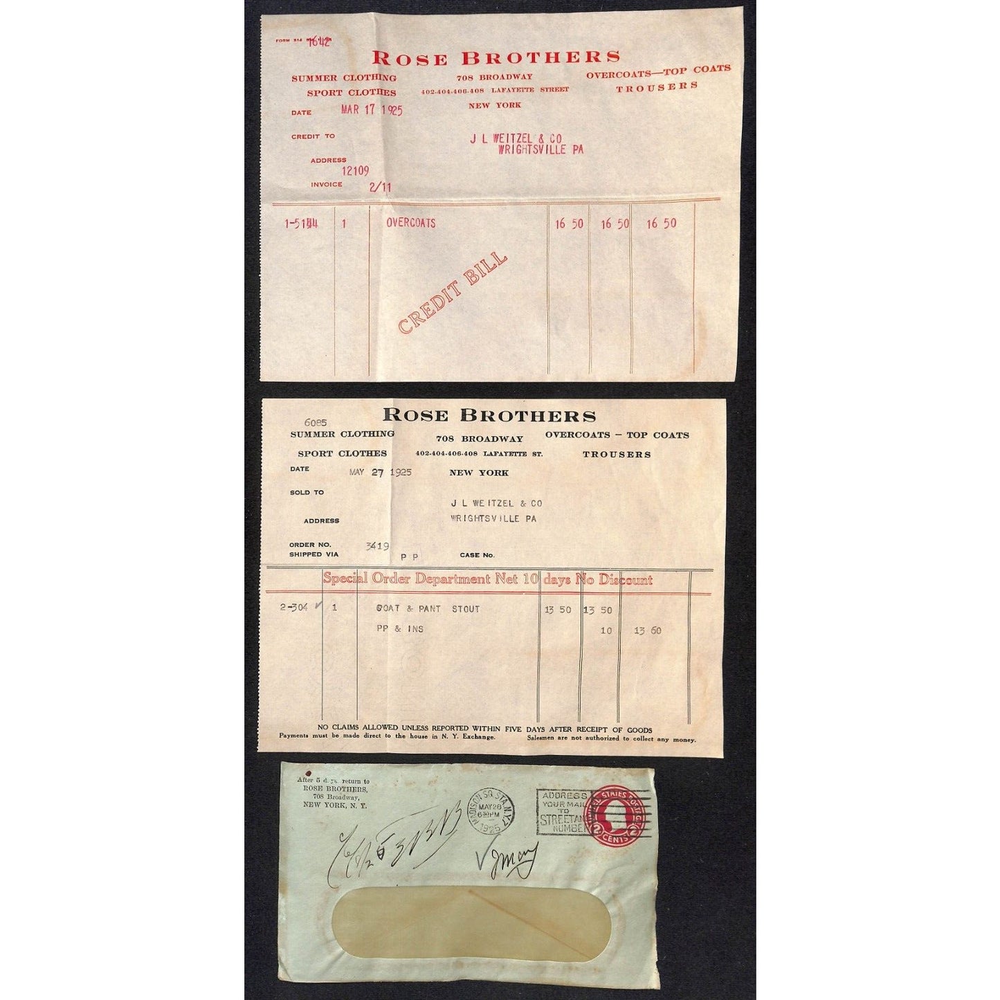 Rose Brothers (Clothes) Broadway NYC 1925 Billhead + Cover (#3)