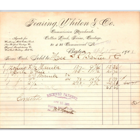 Fearing Whiton & Co. Cotton Duck Cordage Twine Boston 1901 Billhead Scarce