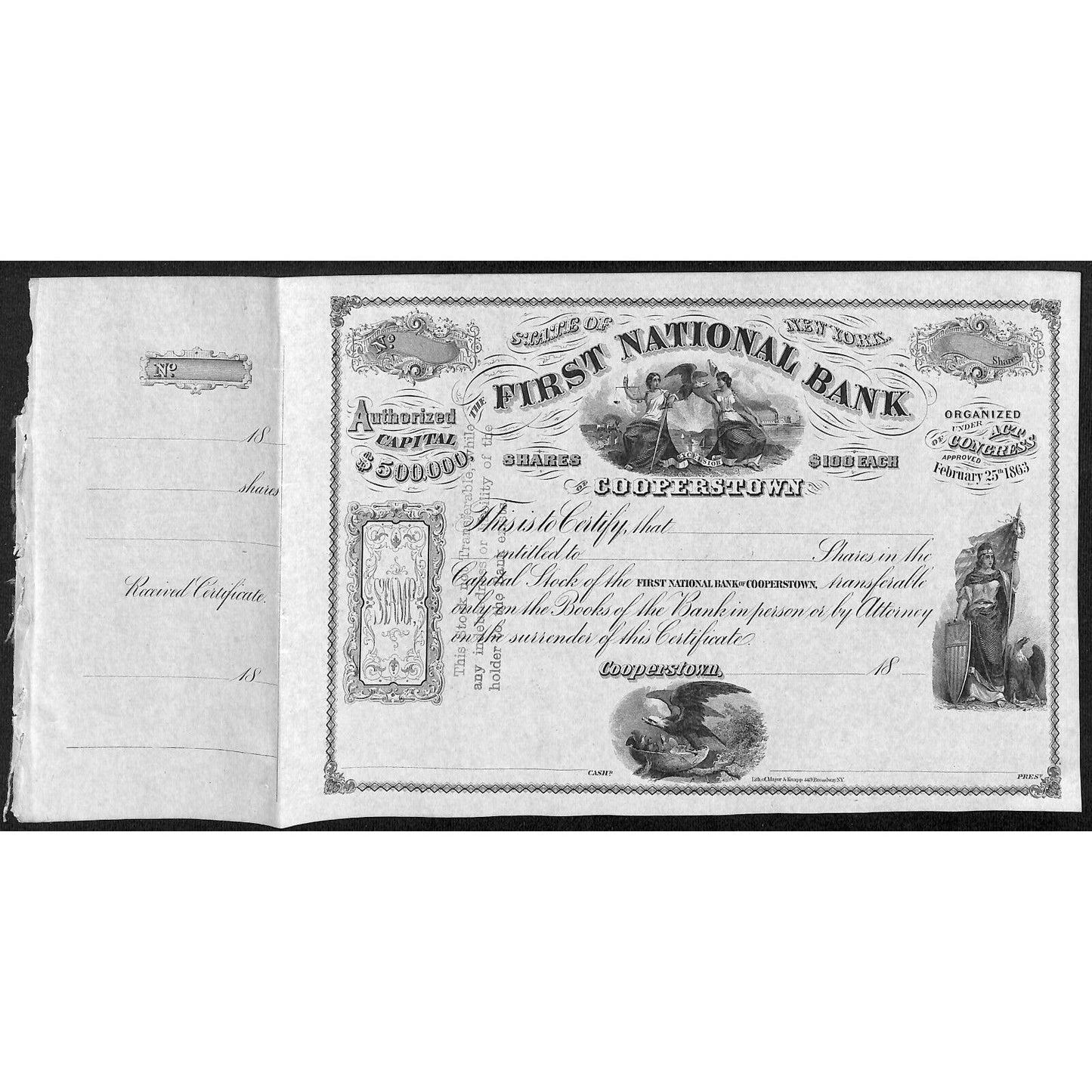 First National Bank Cooperstown, NY c1860's Stock Certificate Unissued VGC