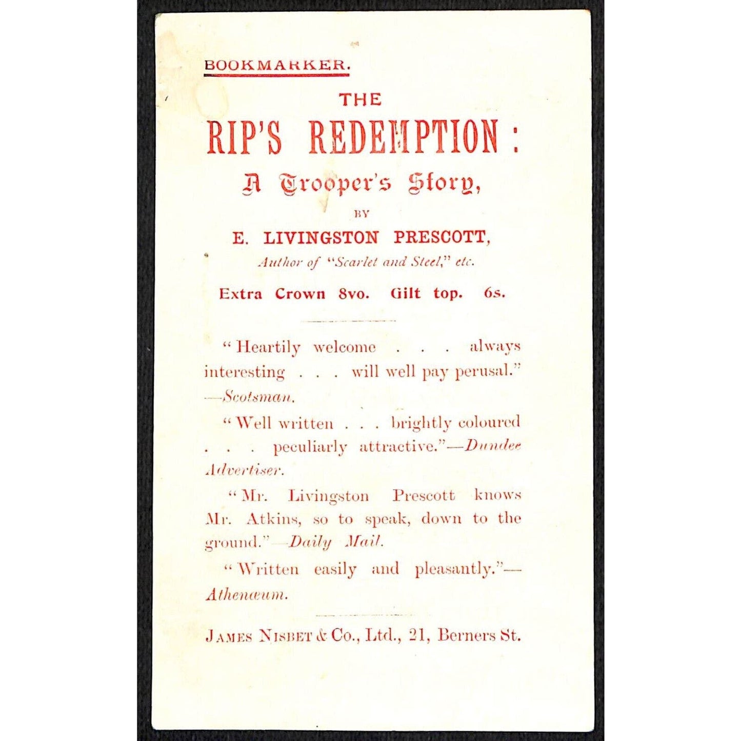 James Nisbet & Co. Lady Rosalind RIP's Redemption Victorian Trade Card Bookmark