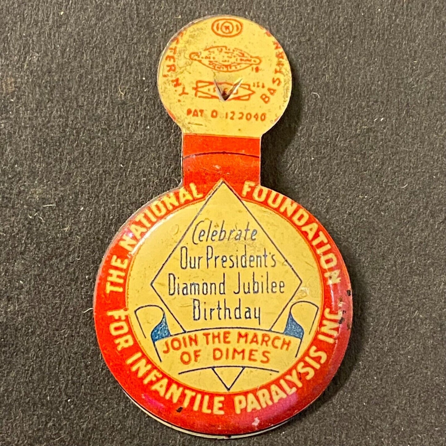 National Foundation for Infantile Paralysis Steel Fold Over Pin c1963 March Dime