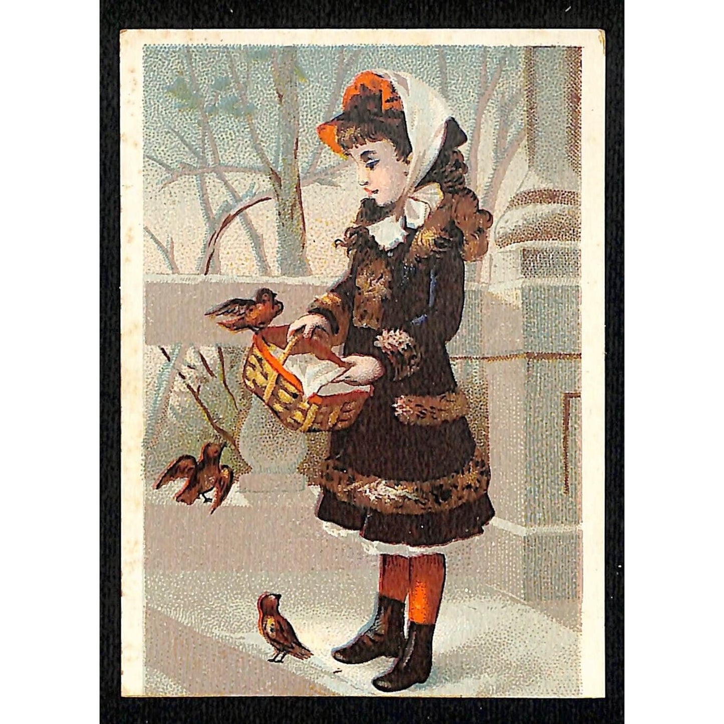 Lautz Bros Floating Soap Victorian Trade Card Girl w/ Basket and Birds in Winter