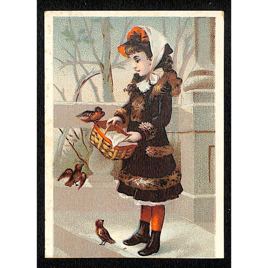 Lautz Bros Floating Soap Victorian Trade Card Girl w/ Basket and Birds in Winter