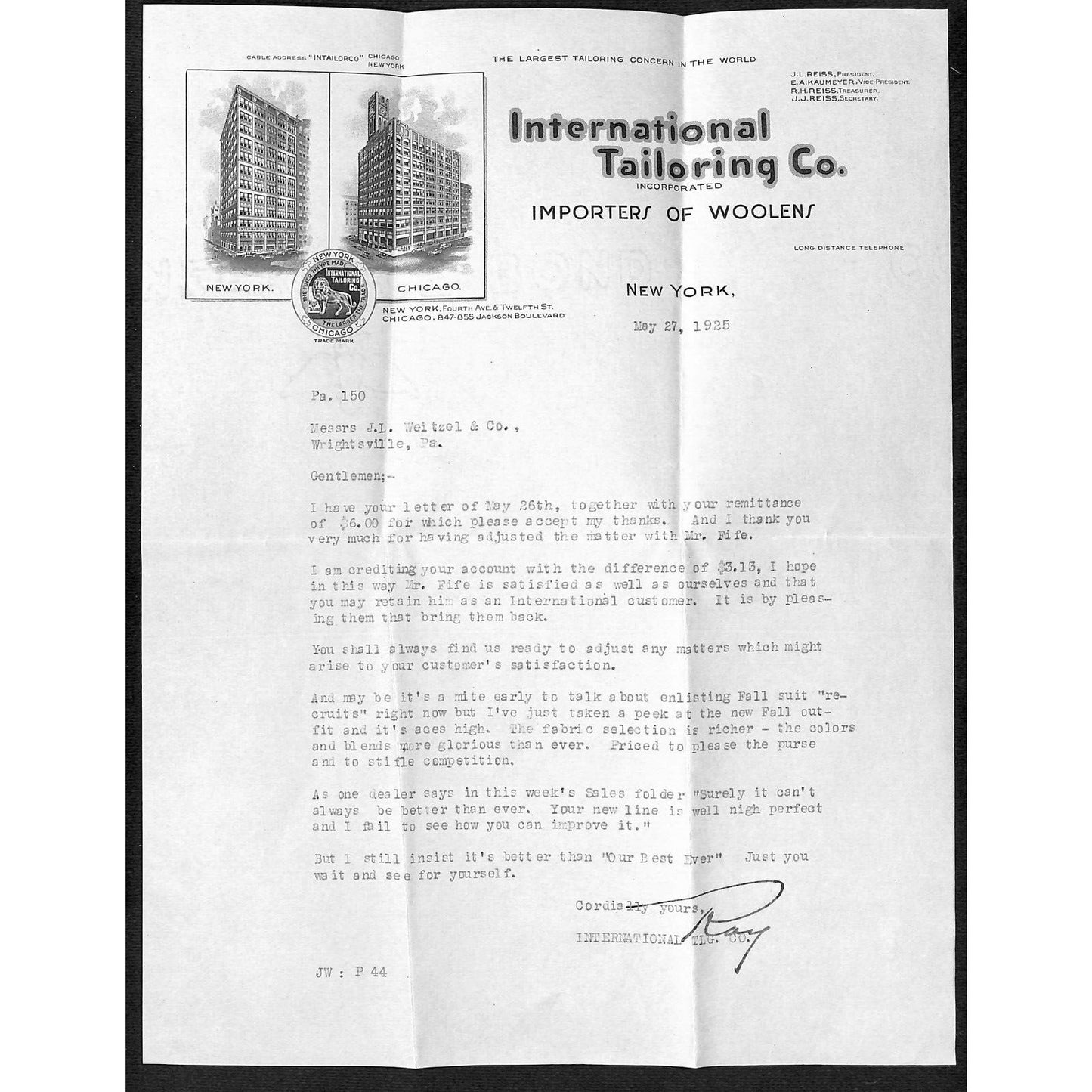 International tailoring Co. 12th St. & Fourth Ave NYC 1925 2 LH Billhead + Cover