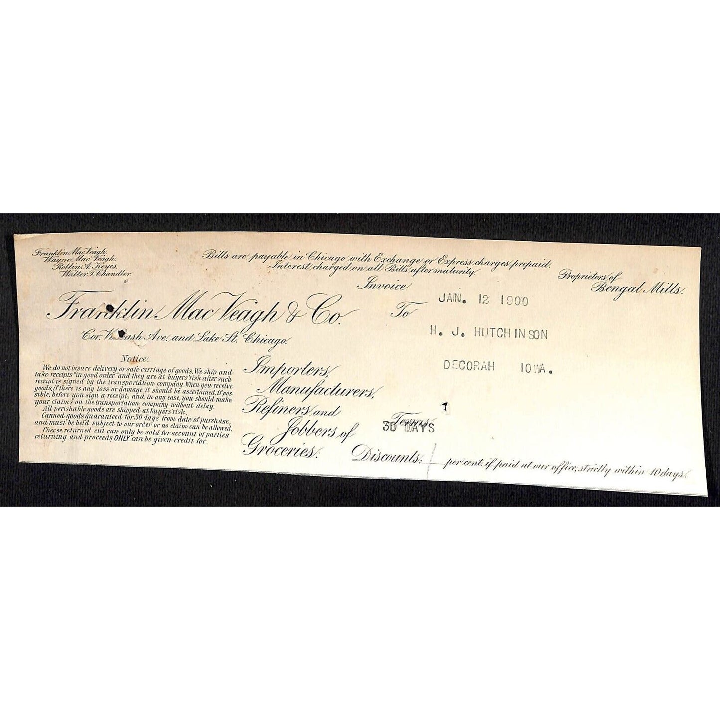 Franklin Mac Veagh & Co Chicago, IL HJ Hutchinson Decorah, IA* Cut 1900 Billhead