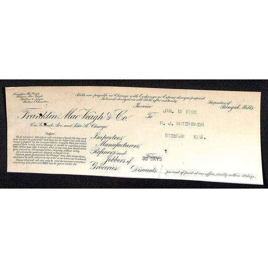Franklin Mac Veagh & Co Chicago, IL HJ Hutchinson Decorah, IA* Cut 1900 Billhead