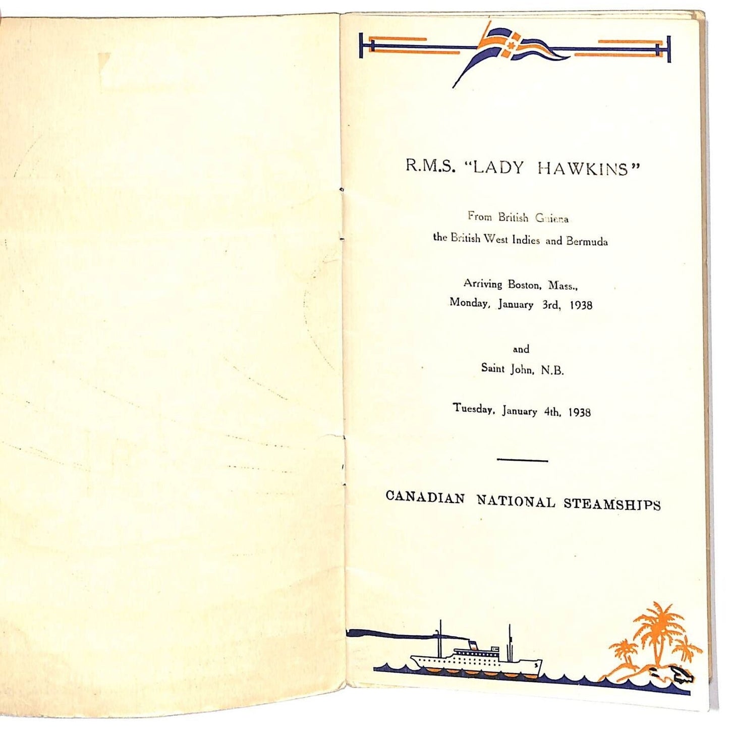 Canadian National Steamships R.M.S. Lady Hawkins 1938 Passenger List Booklet