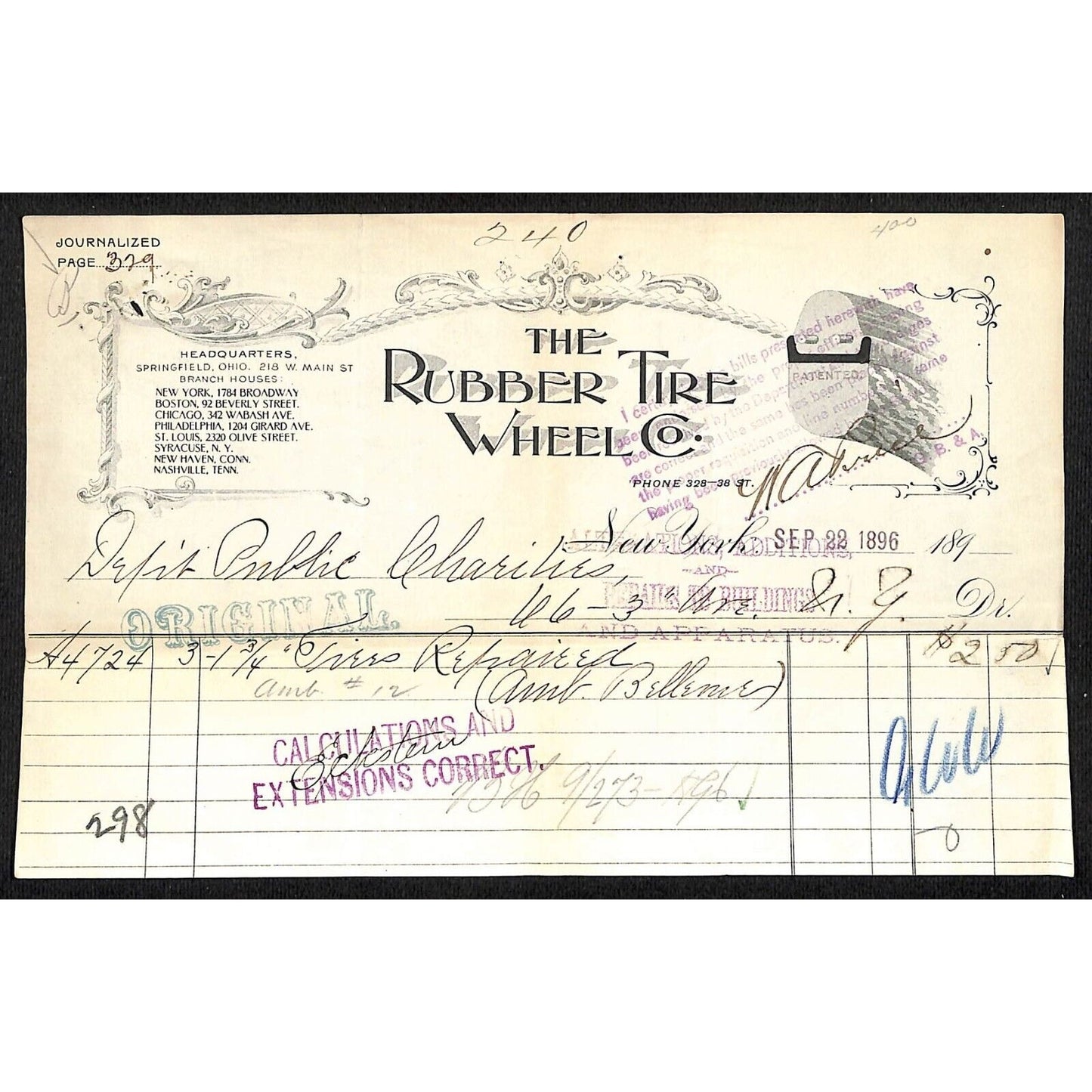 Rubber Tire Wheel Co. Broadway NYC 1896 ALS Billhead Scarce Vignette