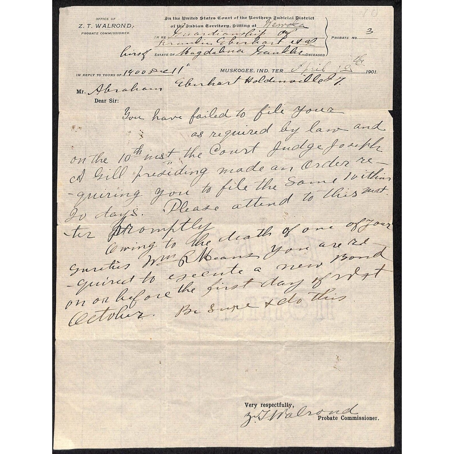 1901 U.S. Court Northern District Muskogee Indian Territory Walrond Letterhead