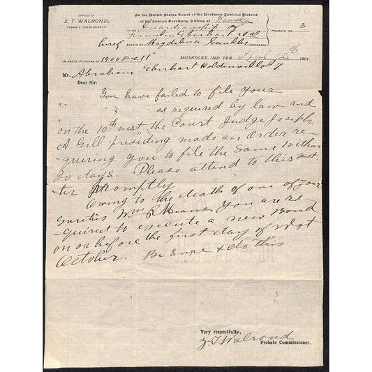 1901 U.S. Court Northern District Muskogee Indian Territory Walrond Letterhead