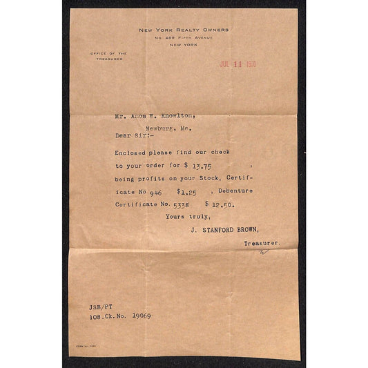 New York Reality Owners 1910 Letterhead re: $13.75 for Stock Profits Knowlton*