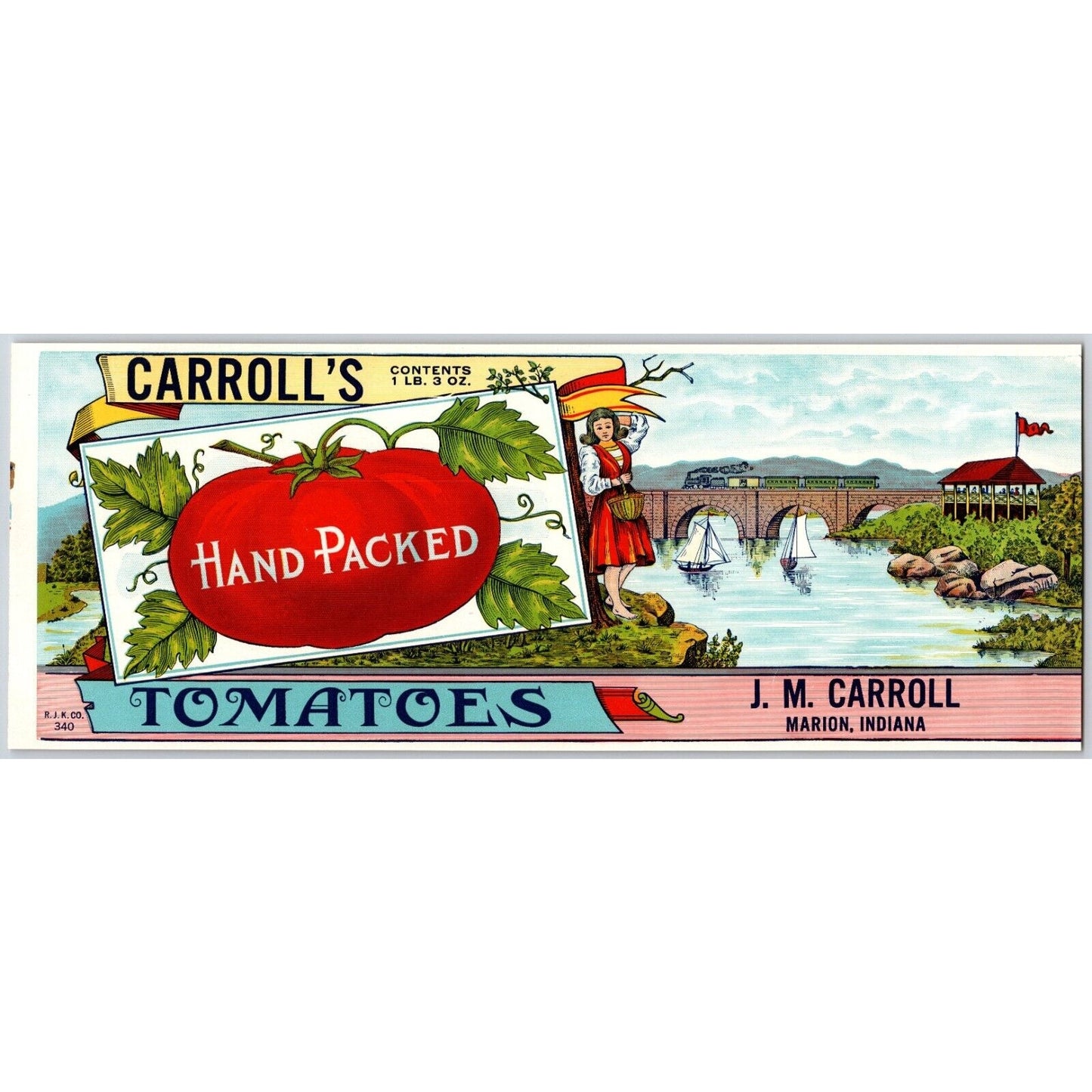 Carroll's Hand Packed Tomatoes Paper Can Label c1910's-20 VGC Locomotive Bridge