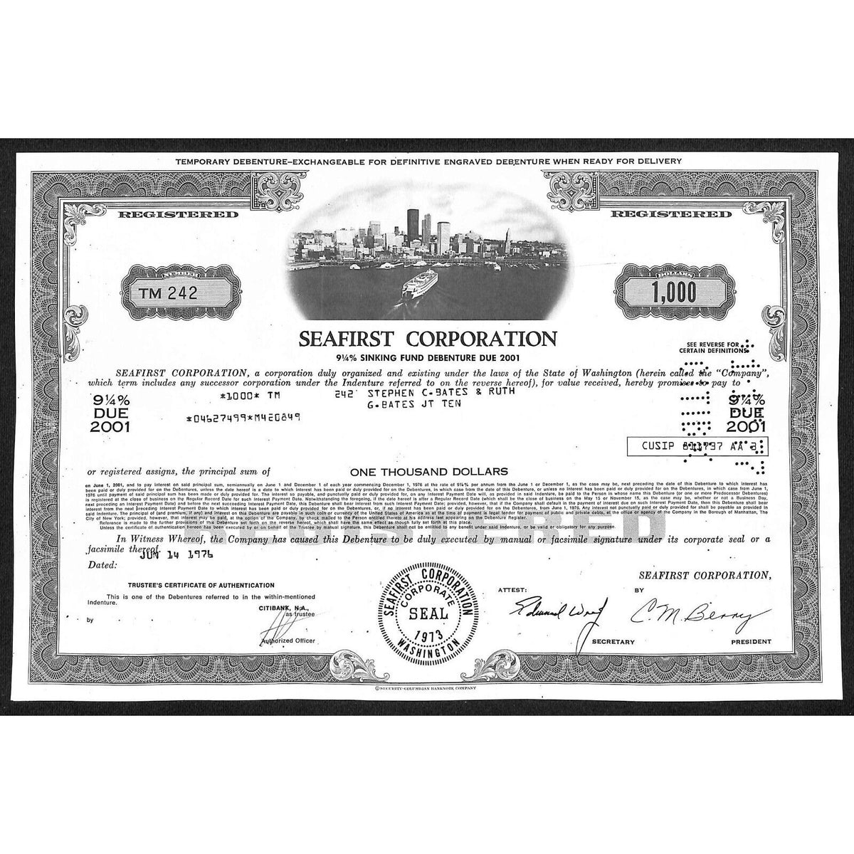 Seafirst Corp. Wisconsin 1976 Debenture Certificate Ship Ports City Skyline